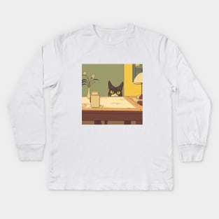 Cat peaking under the table Kids Long Sleeve T-Shirt